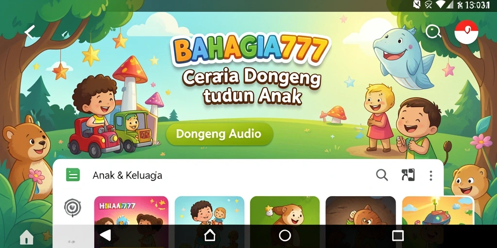 Tampilan antarmuka BAHAGIA777 yang ramah anak untuk mendengarkan dongeng audio.