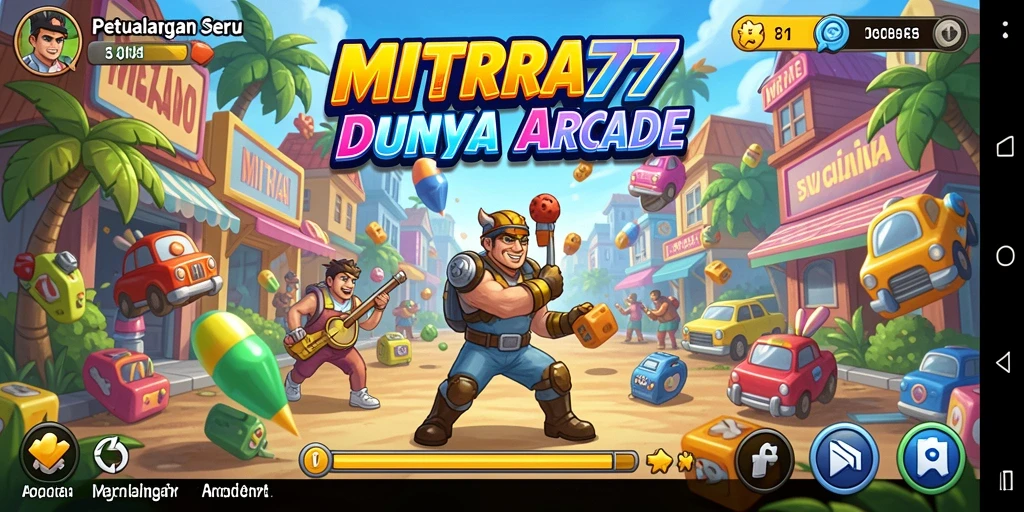 Antarmuka utama MITRA77 menampilkan petualangan Arcade yang sangat menarik.